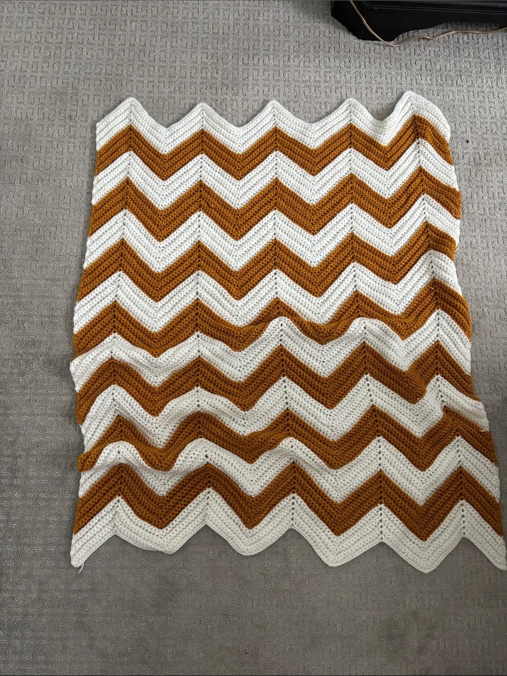 Handmade Chevron Crochet Throw - White & Mustard- vintage